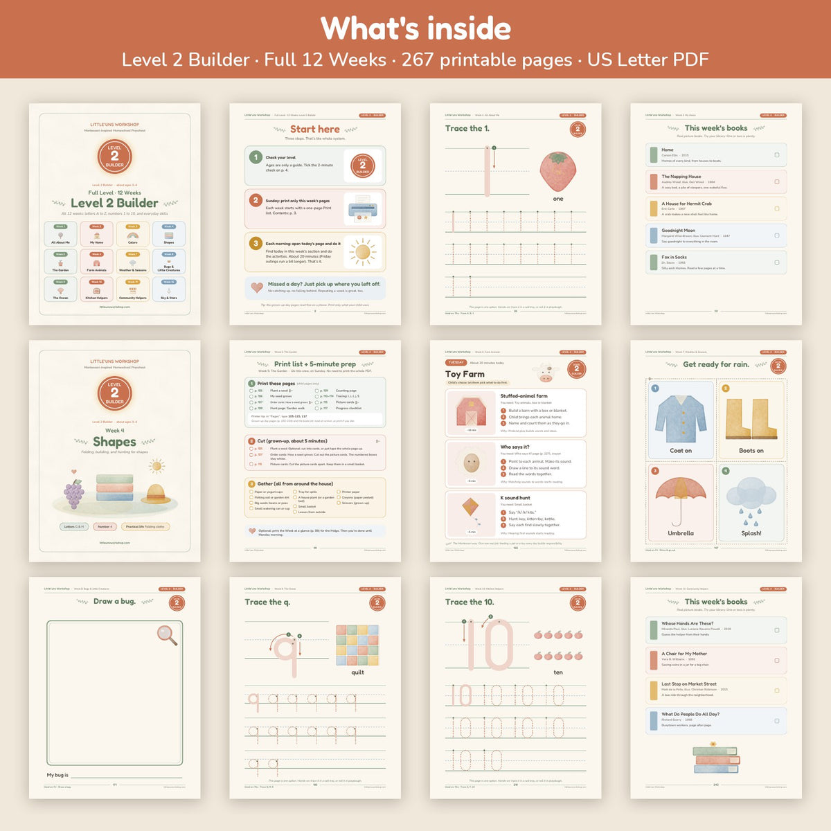 Level 2 Builder 12-week homeschool preschool curriculum: what's inside, page grid