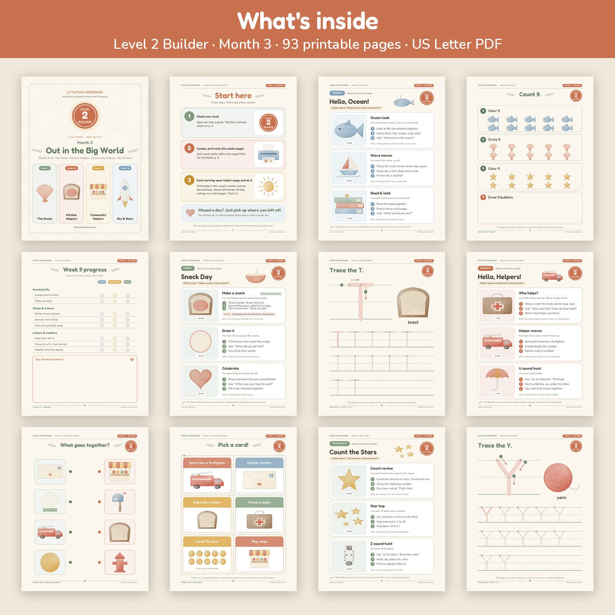 Level 2 Builder Month 3 homeschool preschool curriculum: what's inside, page grid