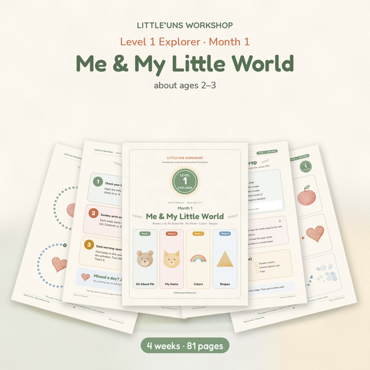 Level 1 Explorer Month 1 printable toddler preschool pages, weeks 1 to 4