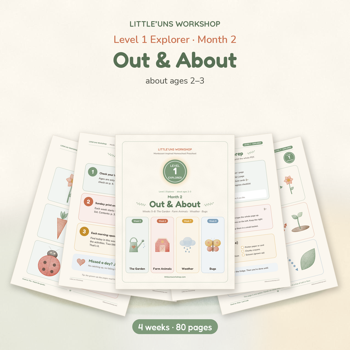 Level 1 Explorer Month 2 printable toddler preschool pages, weeks 5 to 8