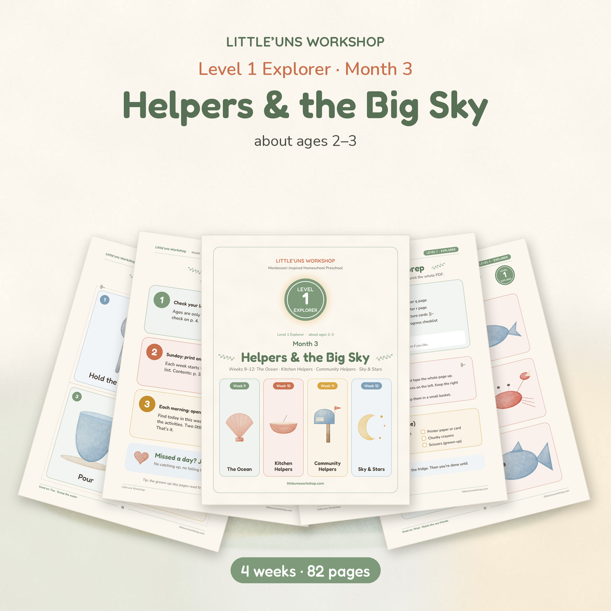 Level 1 Explorer Month 3 printable toddler preschool pages, weeks 9 to 12