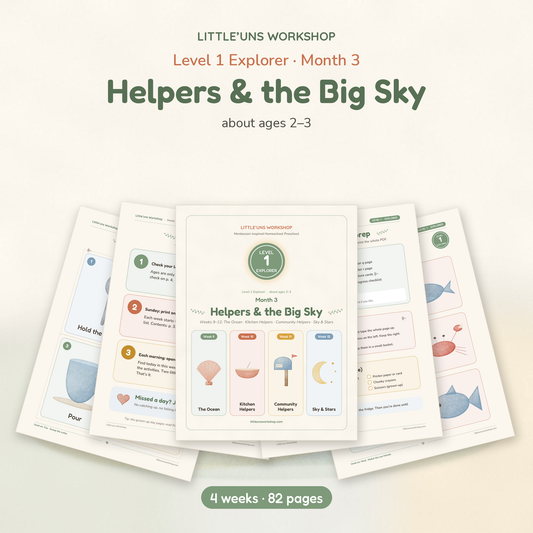 Level 1 Explorer Month 3 printable toddler preschool pages, weeks 9 to 12