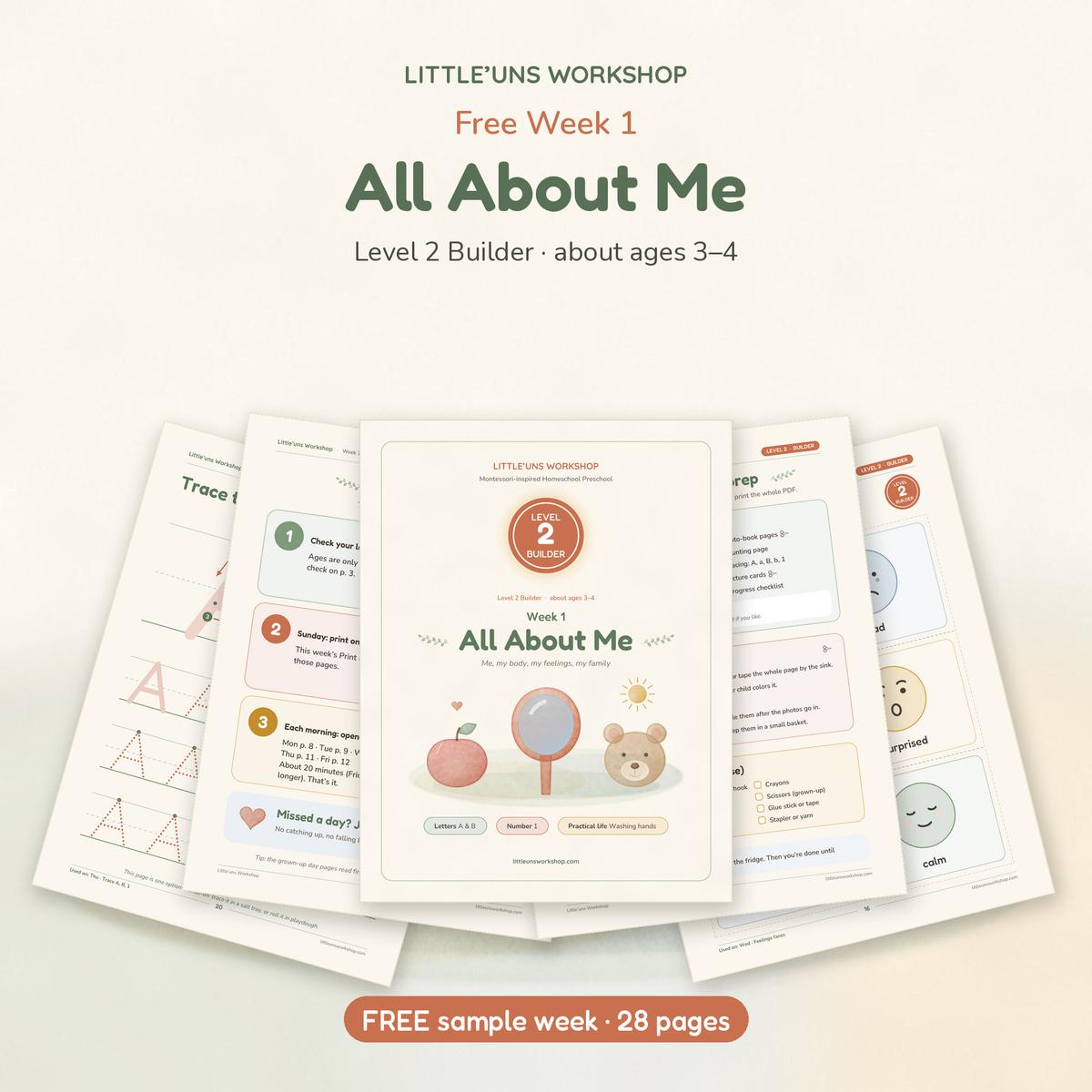 Free Level 2 Builder Week 1, All About Me: printable preschool pages fanned out