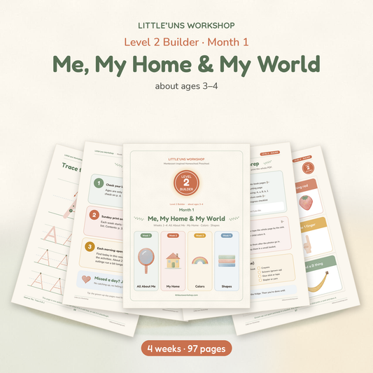 Level 2 Builder Month 1 printable preschool pages, weeks 1 to 4