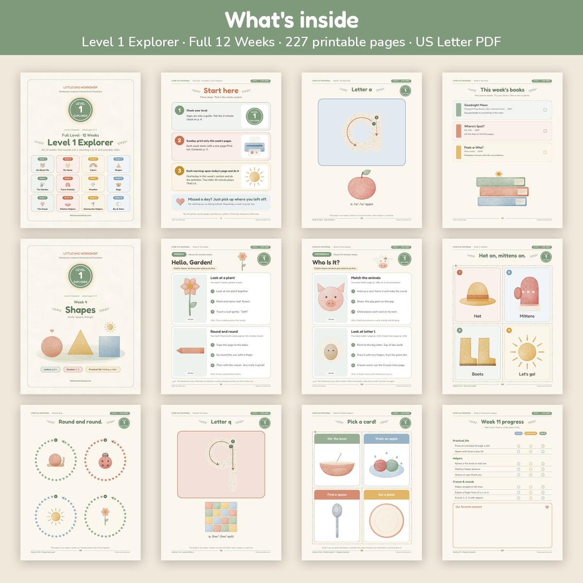 Level 1 Explorer 12-week toddler preschool curriculum: what's inside, page grid