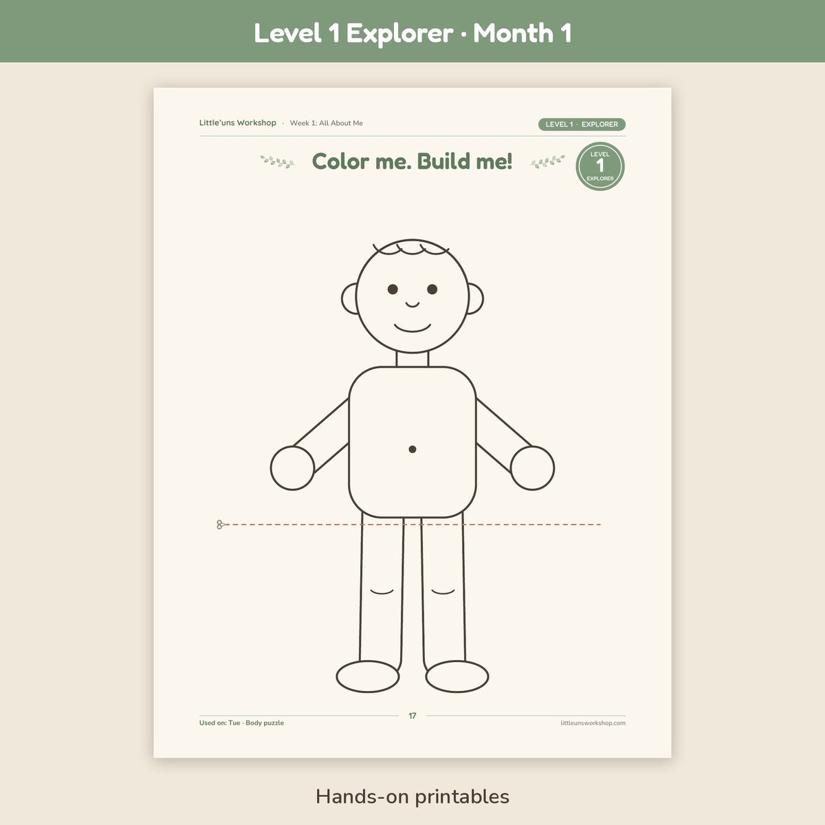 Level 1 Explorer Month 1 toddler preschool curriculum: hands-on printable page