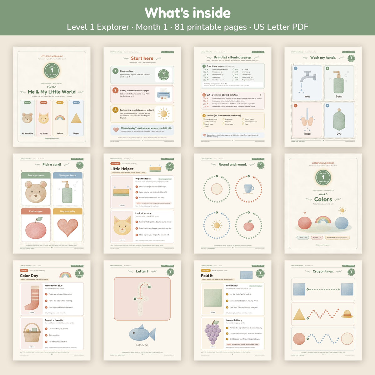 Level 1 Explorer Month 1 toddler preschool curriculum: what's inside, page grid