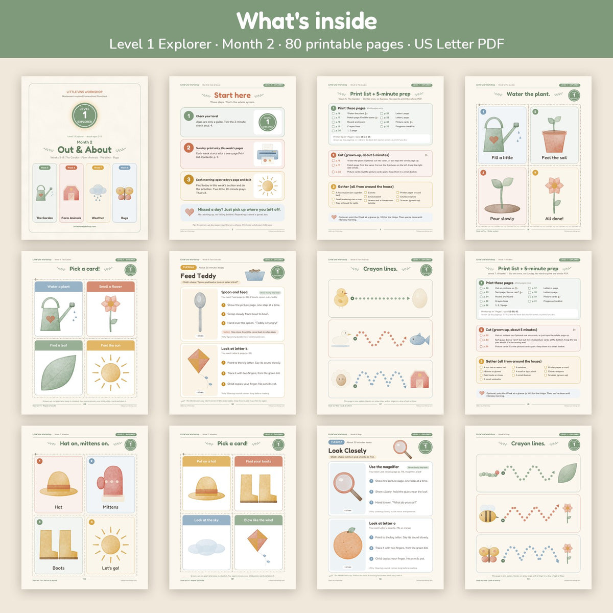 Level 1 Explorer Month 2 toddler preschool curriculum: what's inside, page grid