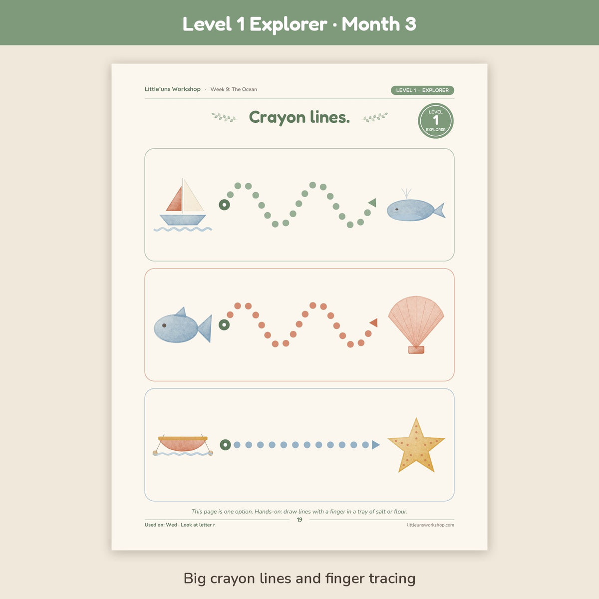 Level 1 Explorer Month 3 toddler preschool curriculum: crayon lines page