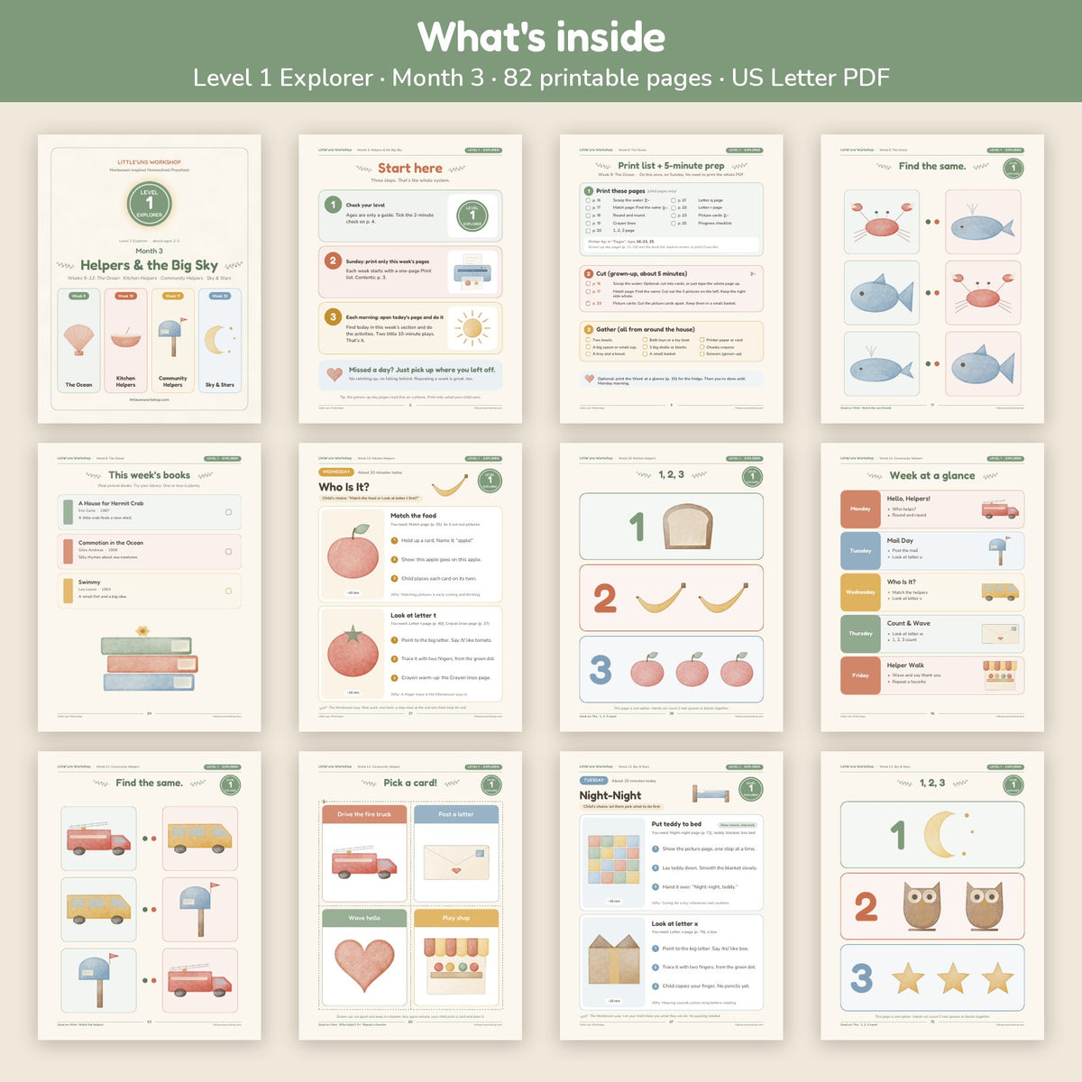 Level 1 Explorer Month 3 toddler preschool curriculum: what's inside, page grid