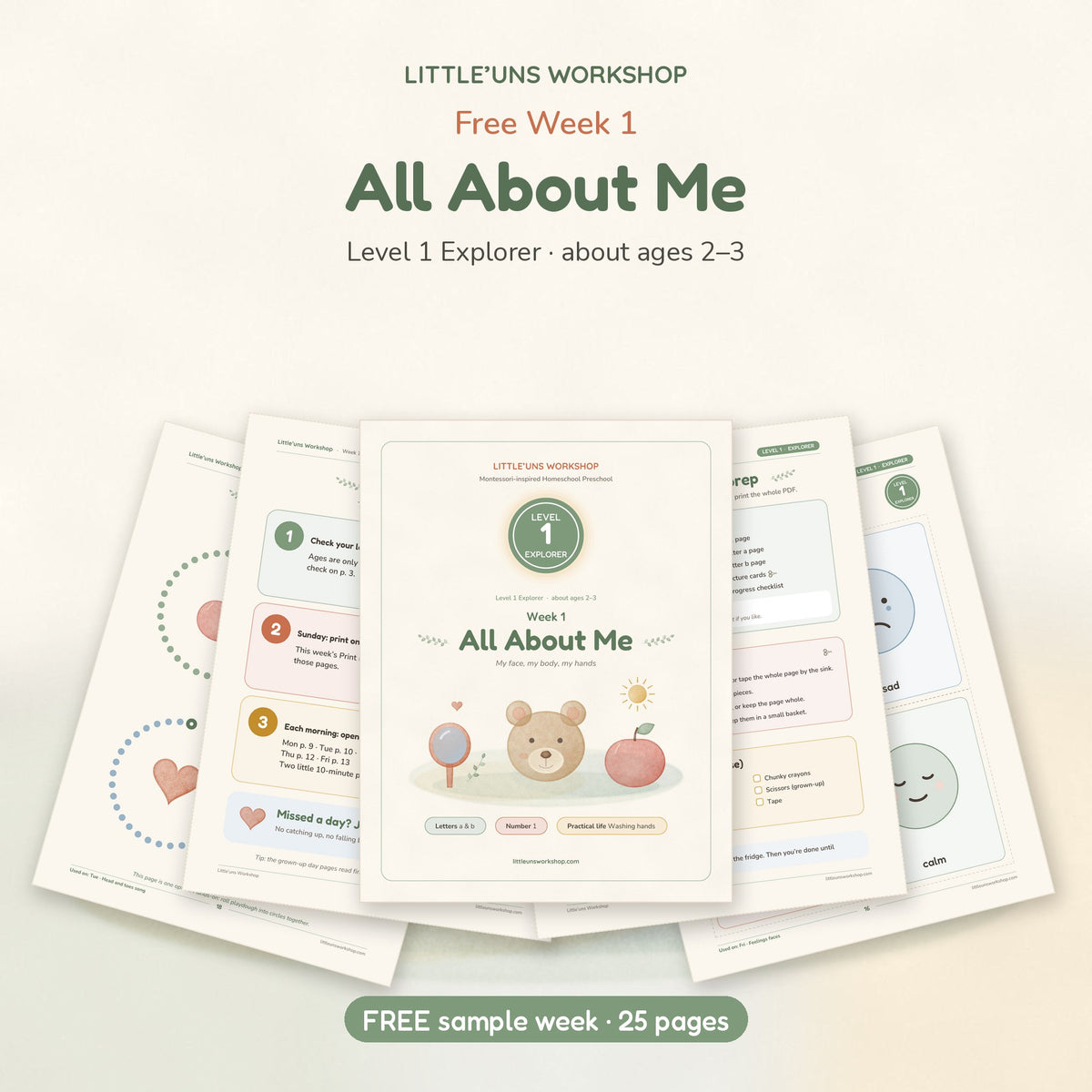 Free Level 1 Explorer Week 1 All About Me toddler curriculum mockup, 25 printable pages