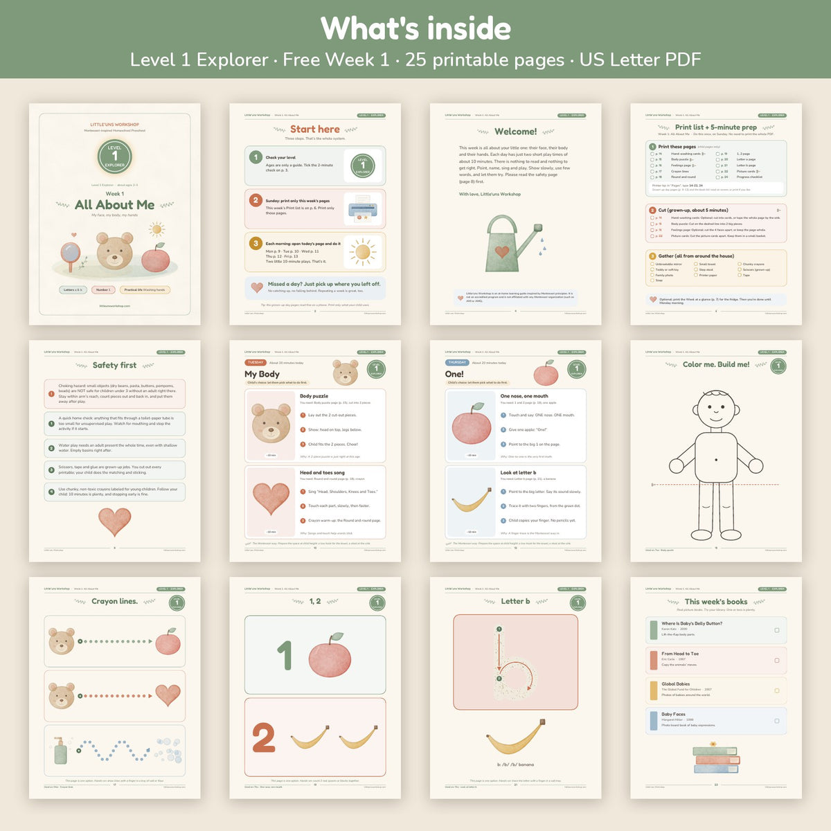 What's inside the free Level 1 Week 1 sample: page overview grid