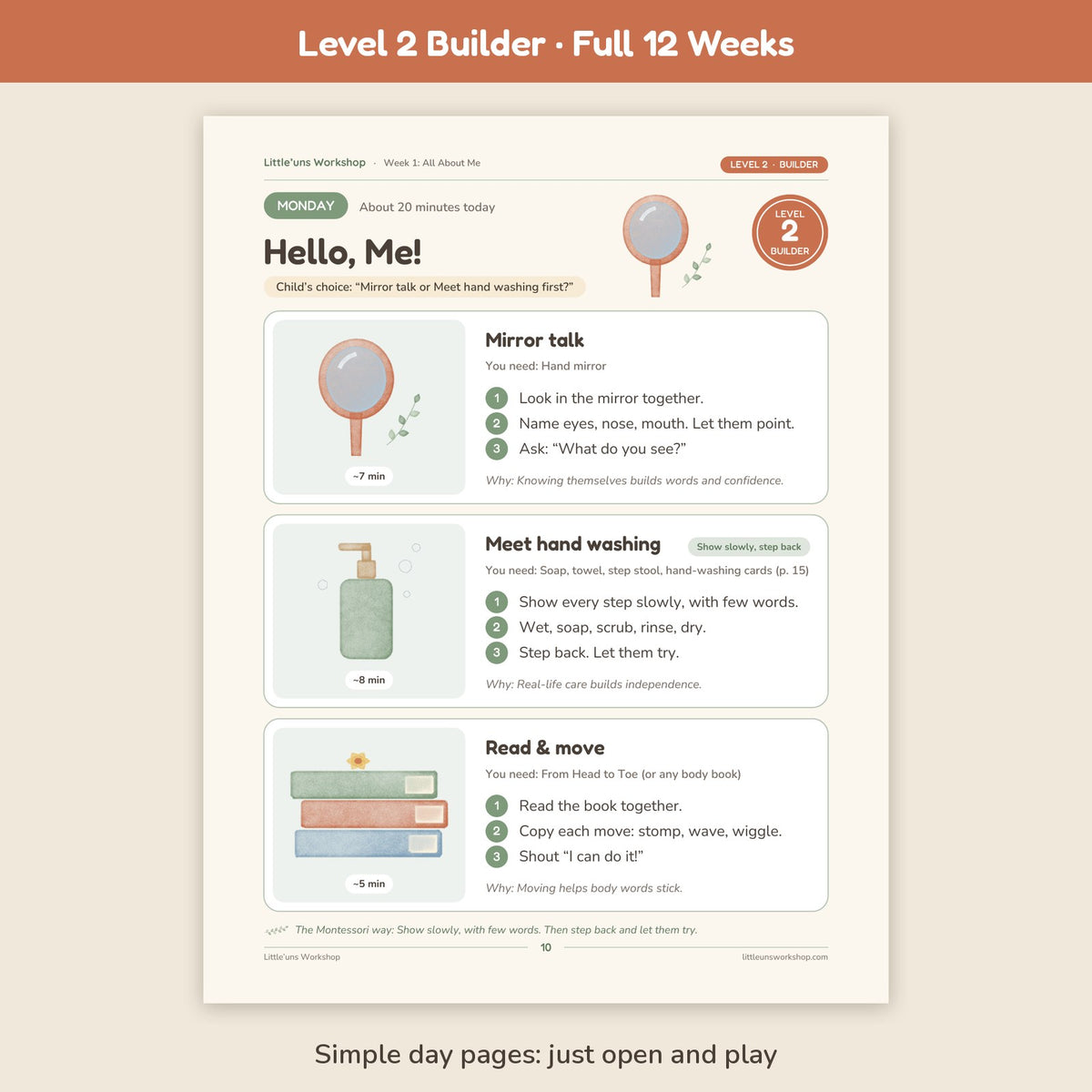 Level 2 Builder 12-week homeschool preschool curriculum: sample day page