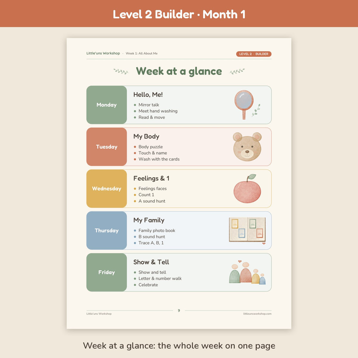 Level 2 Builder Month 1 homeschool preschool curriculum: week at a glance page