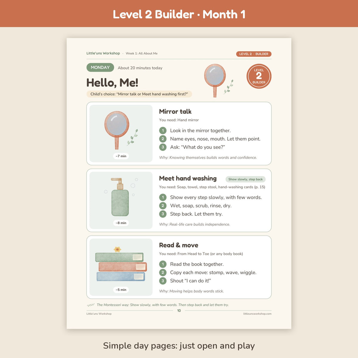 Level 2 Builder Month 1 homeschool preschool curriculum: sample day page