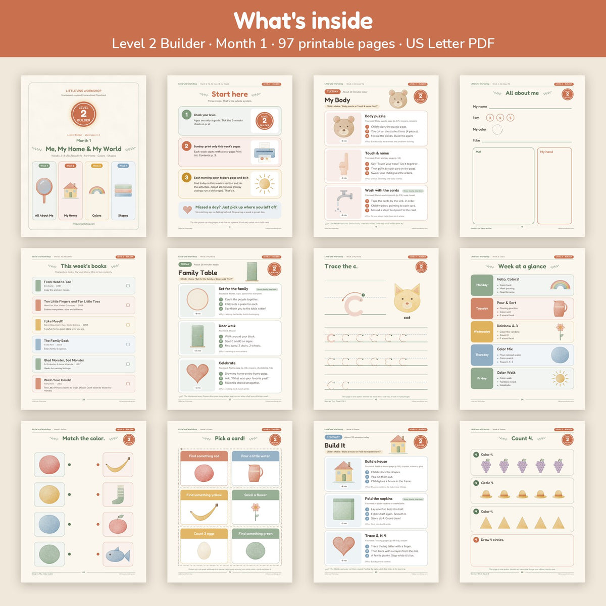 Level 2 Builder Month 1 homeschool preschool curriculum: what's inside, page grid