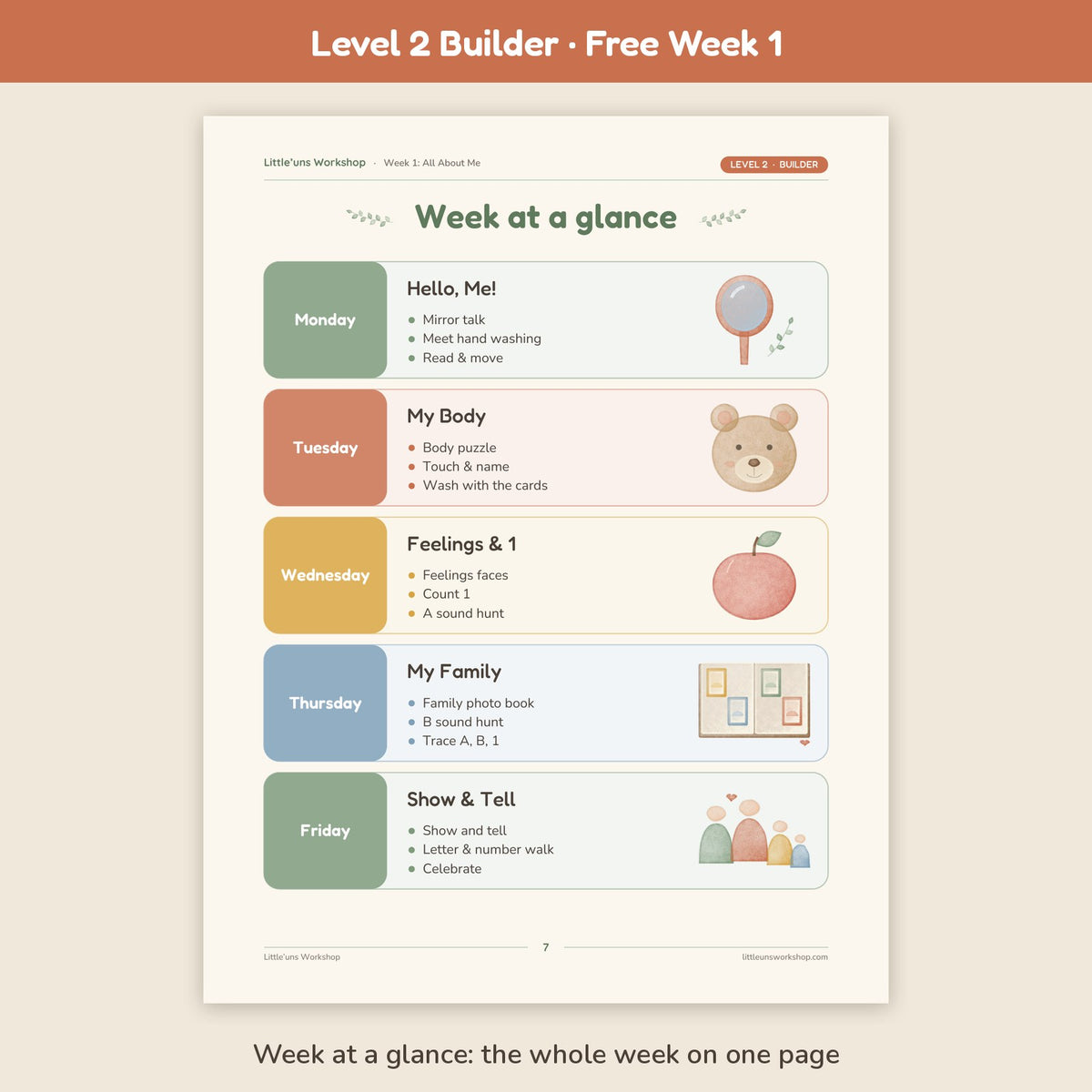 Free Level 2 Builder Week 1 All About Me preschool printable: week at a glance page