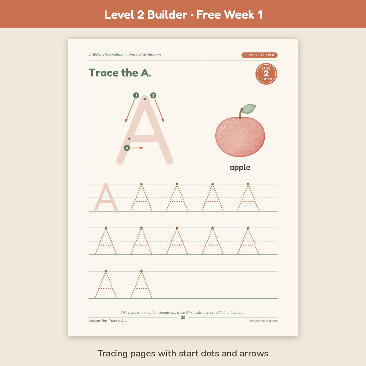 Free Level 2 Builder Week 1 All About Me preschool printable: tracing page