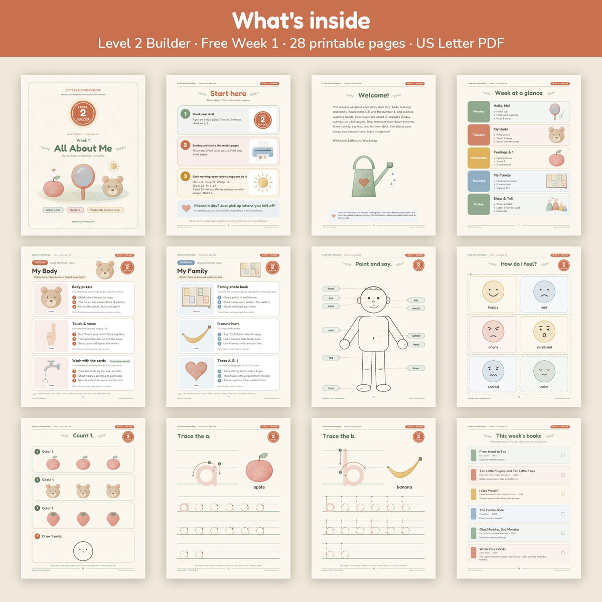 Free Level 2 Builder Week 1 All About Me preschool printable: what's inside, page grid