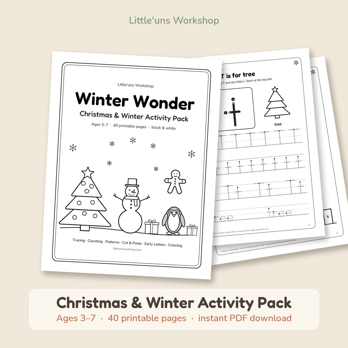 Winter Wonder Christmas & Winter Activity Pack cover mockup, ages 3-7, 40 printable pages