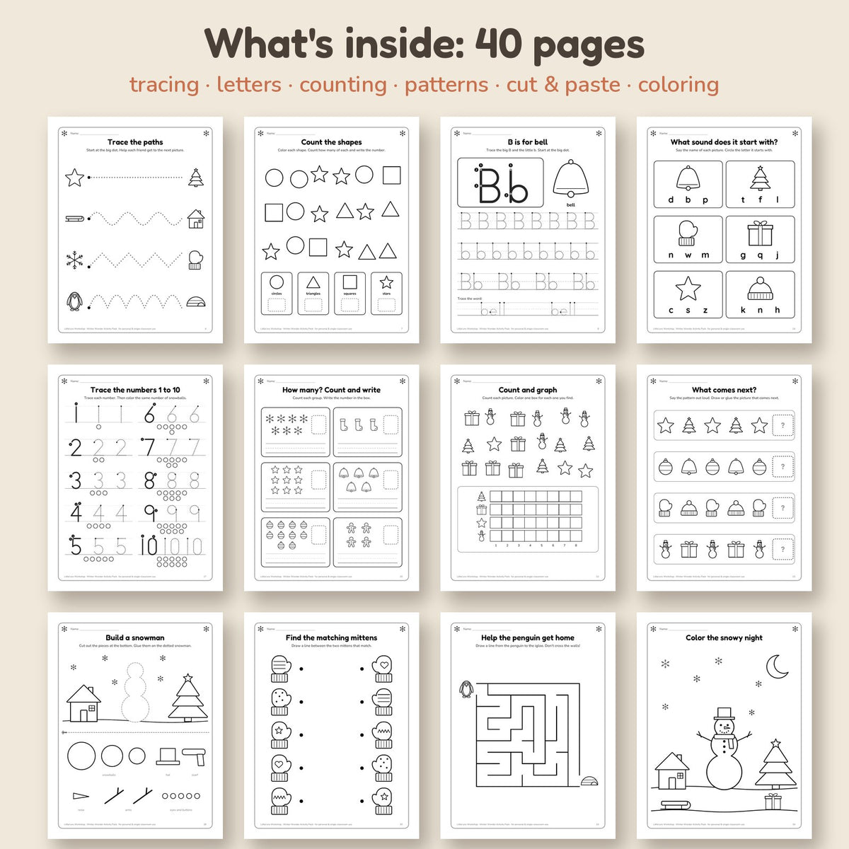 What's inside the Winter Wonder Activity Pack: page overview grid